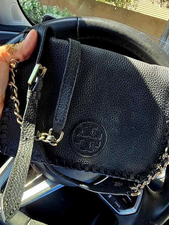 Tory Burch Black Pebbled Leather Crossbody with Gold Chain Accents - Picture 1 of 3